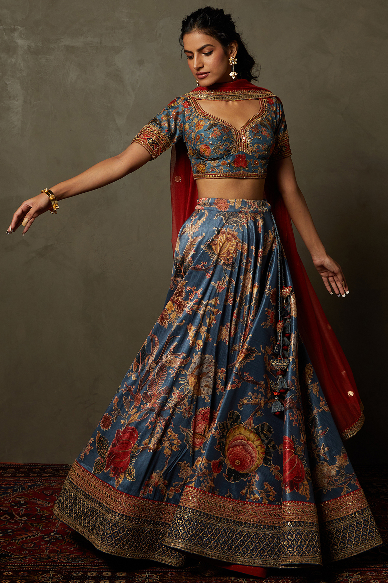 Cobalt Blue Floral Embroidered Lehenga Set by Ri Ritu Kumar