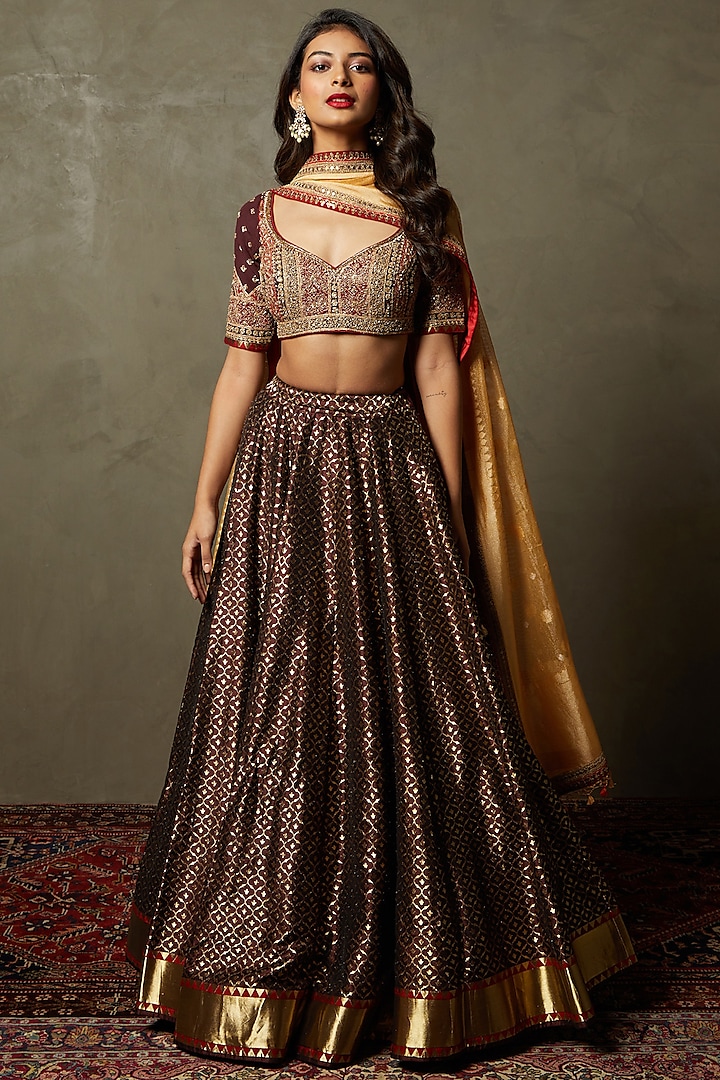 Brown & Gold Embroidered Lehenga Set by Ri Ritu Kumar