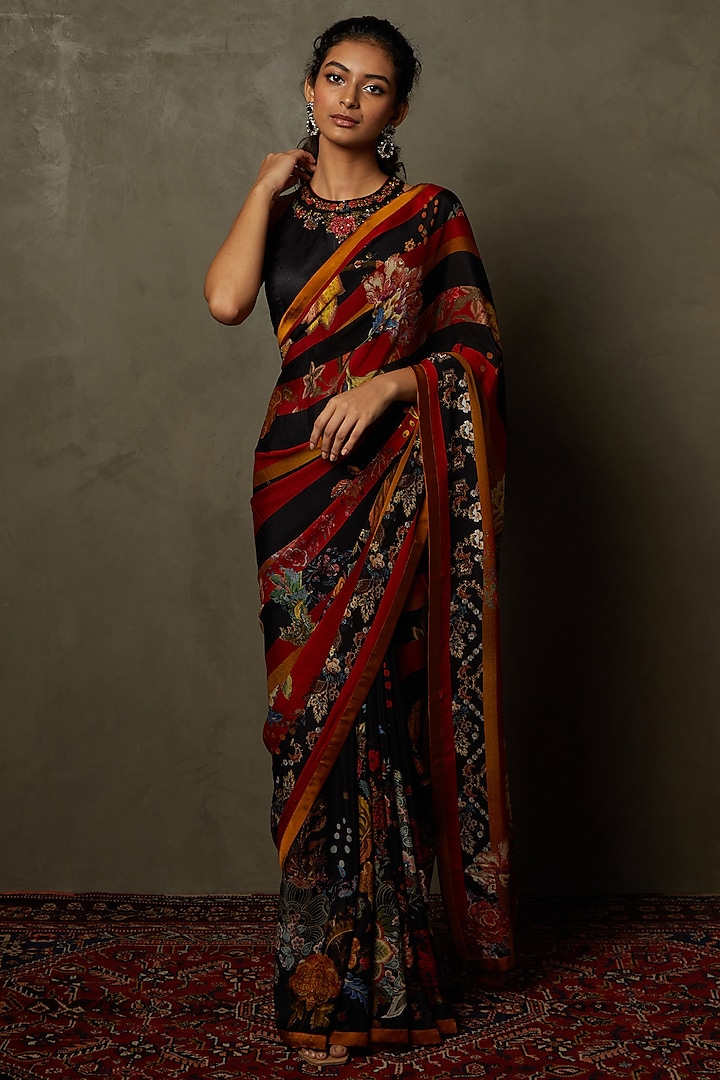 Black & Red Silk Floral Embroidered Saree Set by Ri Ritu Kumar