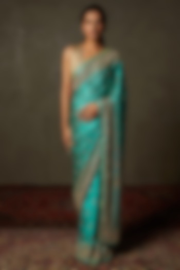 Jade & Sea Green Silk Satin Saree Set by Ri Ritu Kumar