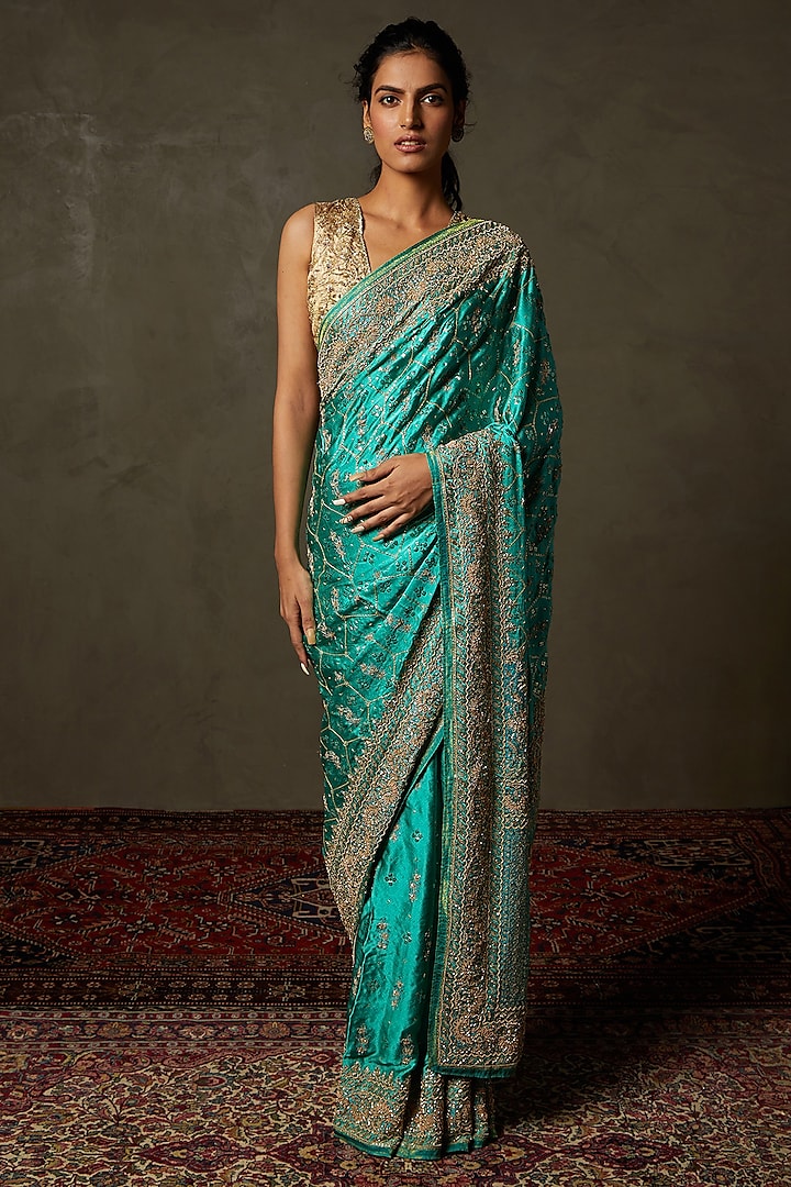 Jade & Sea Green Silk Satin Saree Set by Ri Ritu Kumar