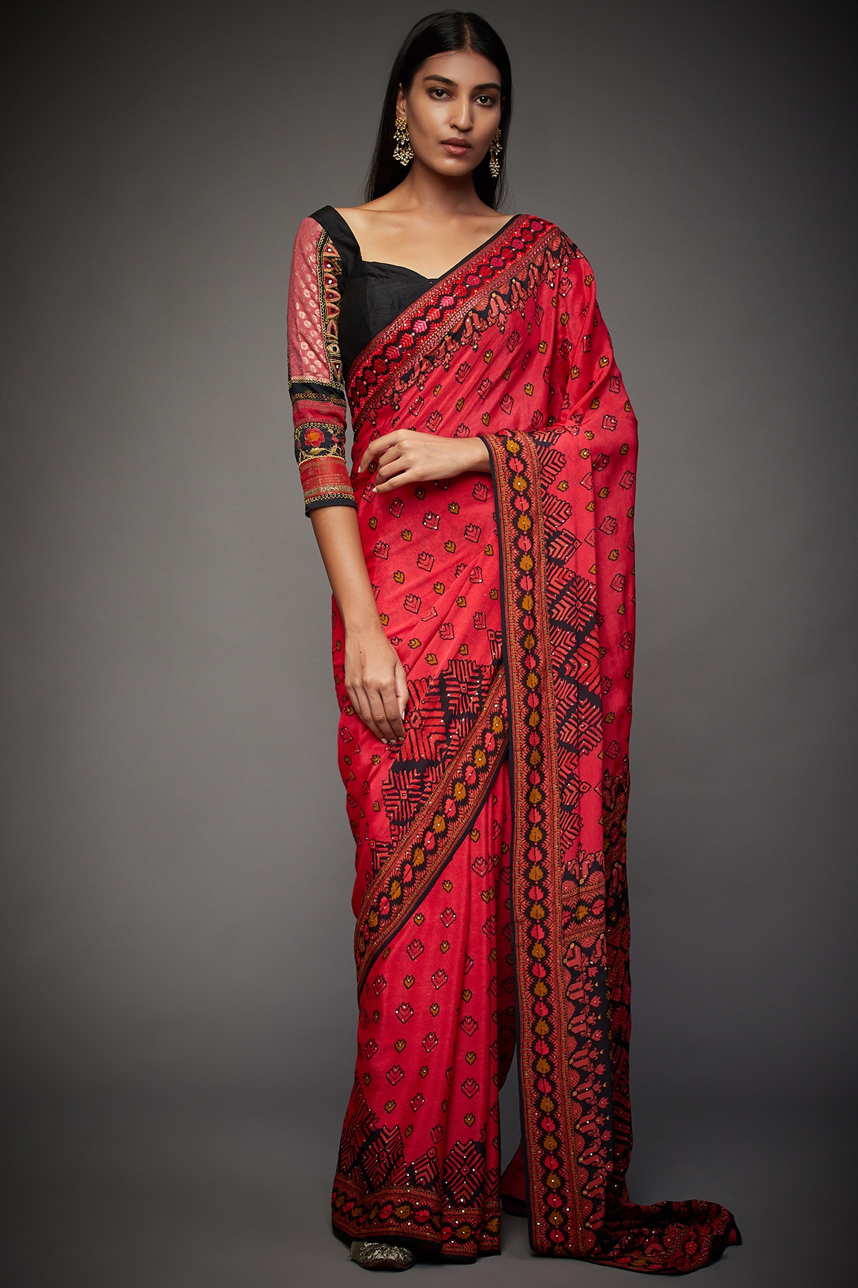 Vishal Prints Cherry Red Bandhani Print Chiffon Saree With Foil Print