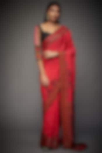 Cherry Red & Black Viscose Chinon Saree Set by Ri Ritu Kumar
