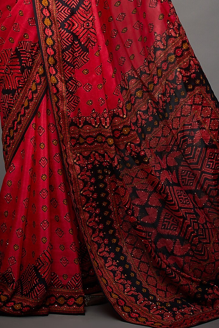 Cherry Red & Black Viscose Chinon Wedding Saree Set by Ri Ritu Kumar at Pernia's Pop Up Shop