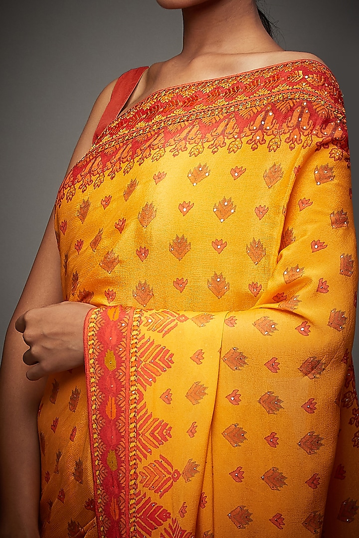 Yellow & Orange Viscose Chinon Phulkari Wedding Saree Set by Ri Ritu Kumar at Pernia's Pop Up Shop