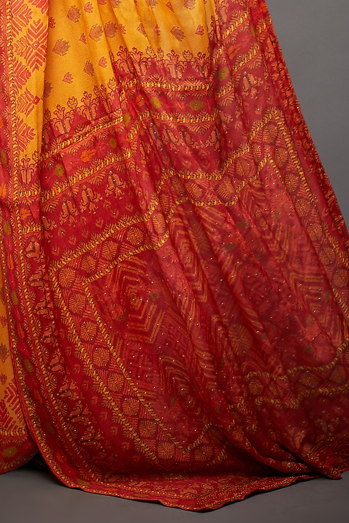 Yellow & Orange Viscose Chinon Phulkari Wedding Saree Set by Ri Ritu Kumar at Pernia's Pop Up Shop