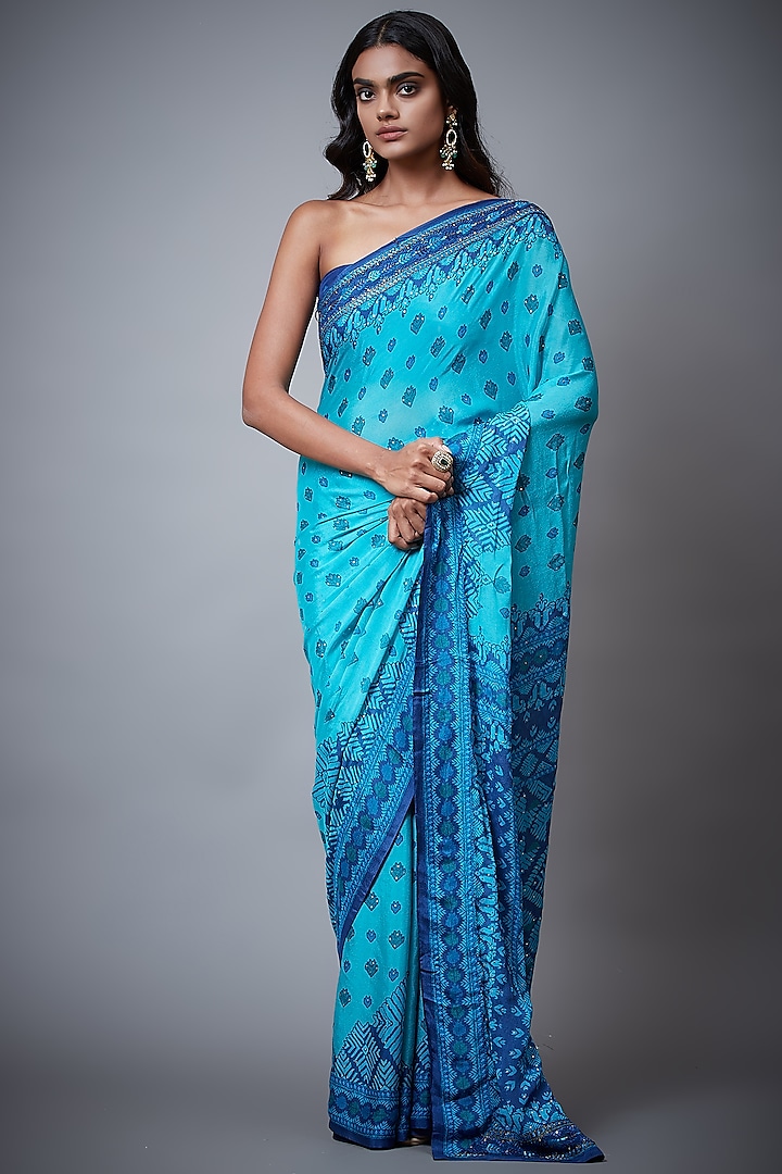 Turquoise & Royal Blue Viscose Chinon Saree Set by Ri Ritu Kumar