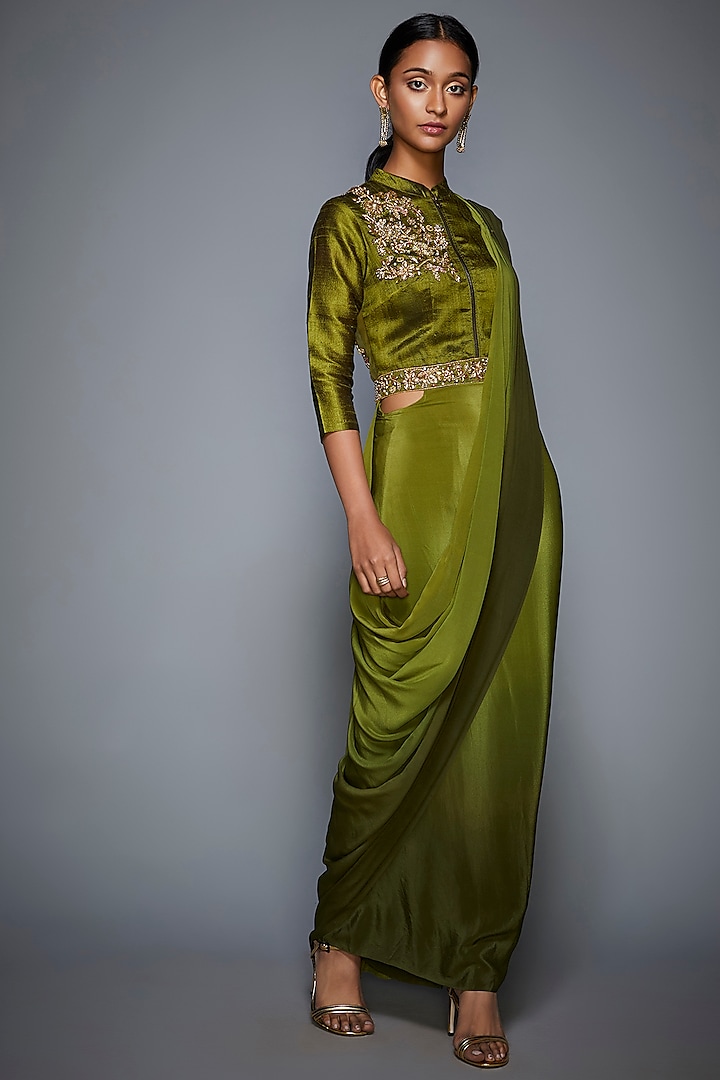 Khaki Green Embroidered Draped Saree Set by Ri Ritu Kumar