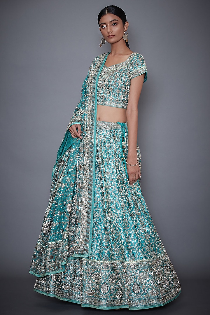 Turquoise Embroidered Lehenga Set by Ri Ritu Kumar