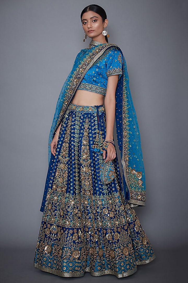 Royal Blue & Turquoise Floral Embroidered Lehenga Set by Ri Ritu Kumar