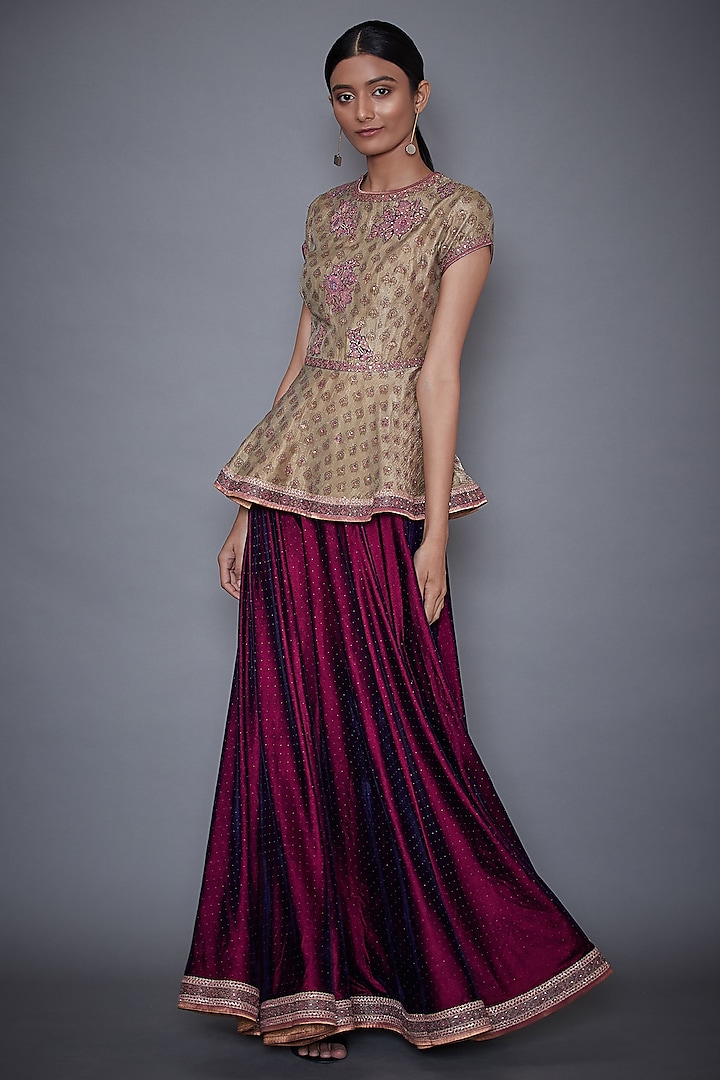 Gold Embroidered Peplum Top With Purple Skirt by Ri Ritu Kumar
