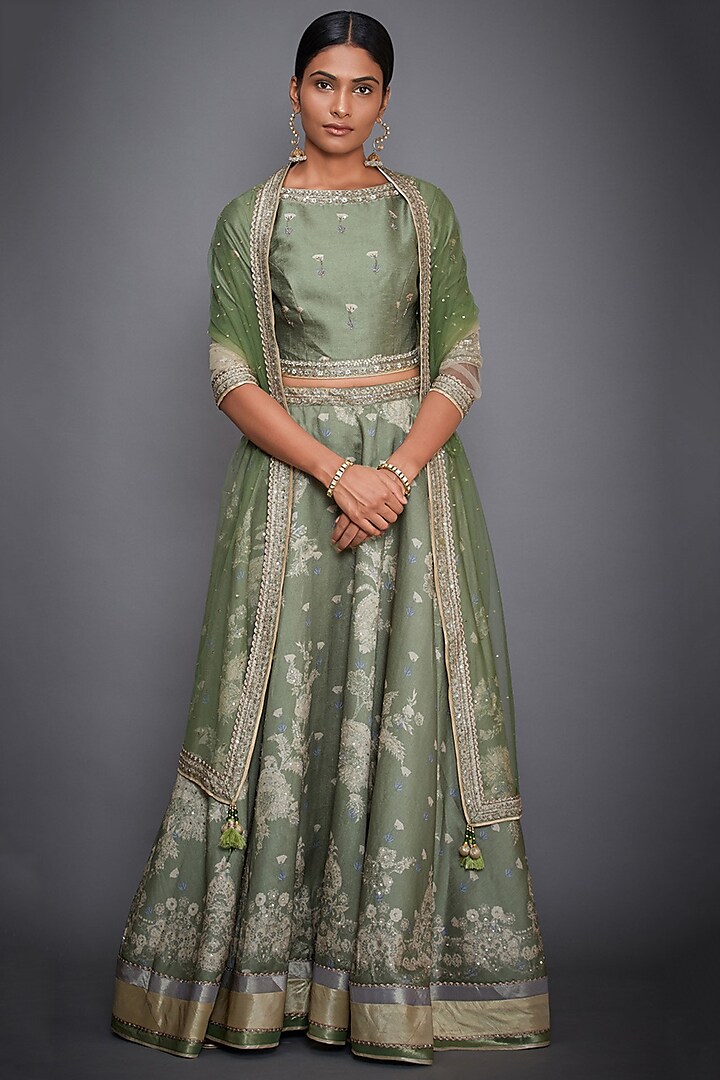 Olive Green Embroidered Lehenga Set by Ri Ritu Kumar