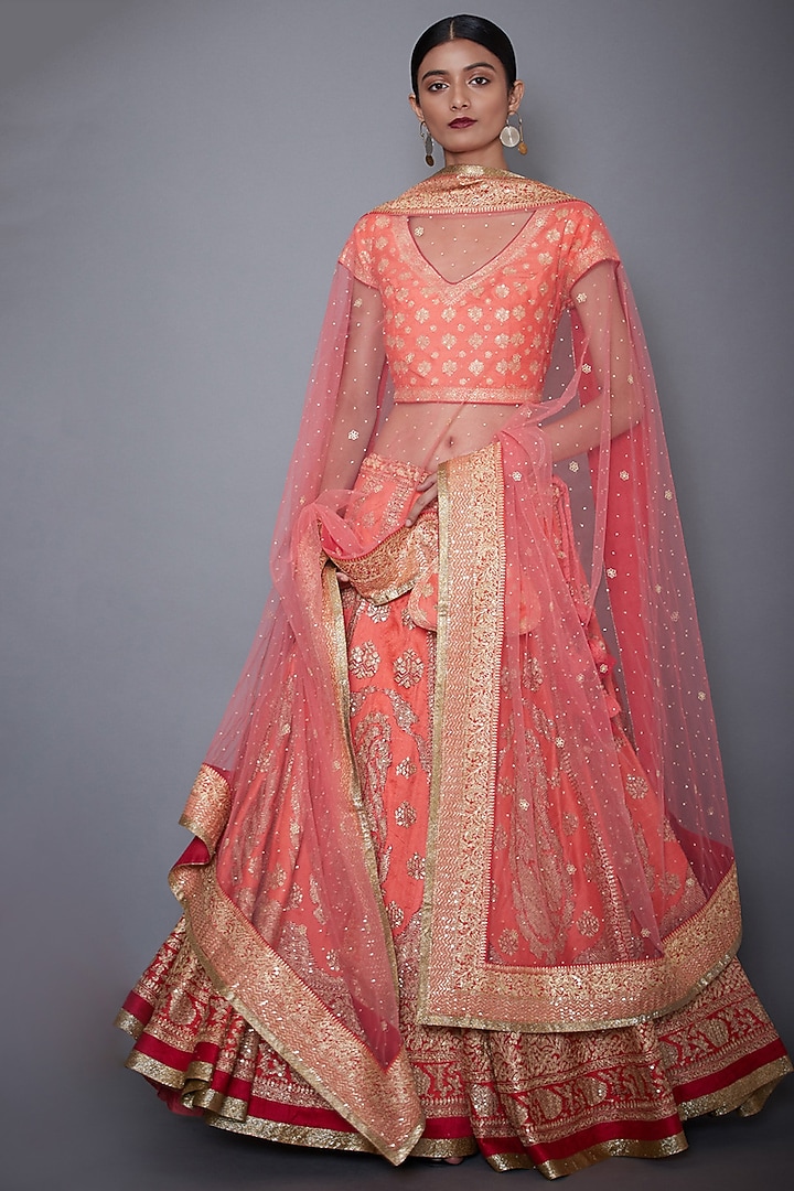 Coral Embroidered Bridal Lehenga Set by Ri Ritu Kumar at Pernia's Pop Up Shop