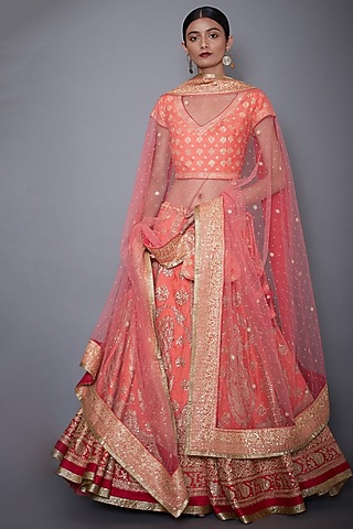 Coral Embroidered Lehenga Set by Ri Ritu Kumar