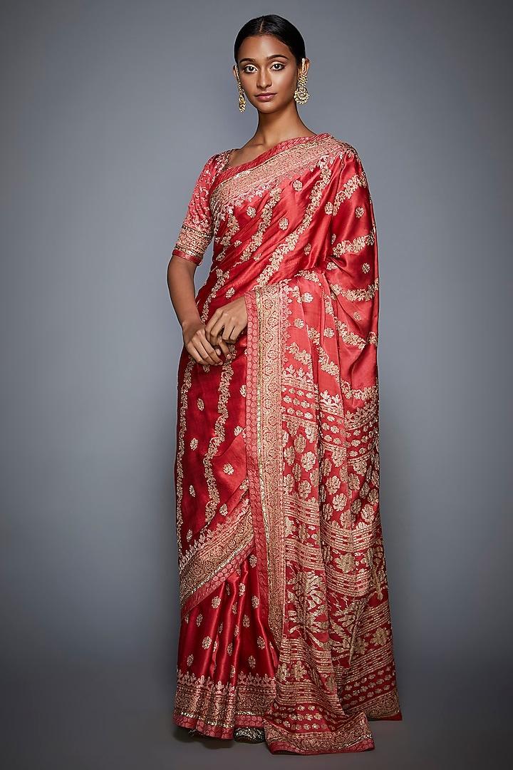Coral & Beige Embroidered Saree Set by Ri Ritu Kumar