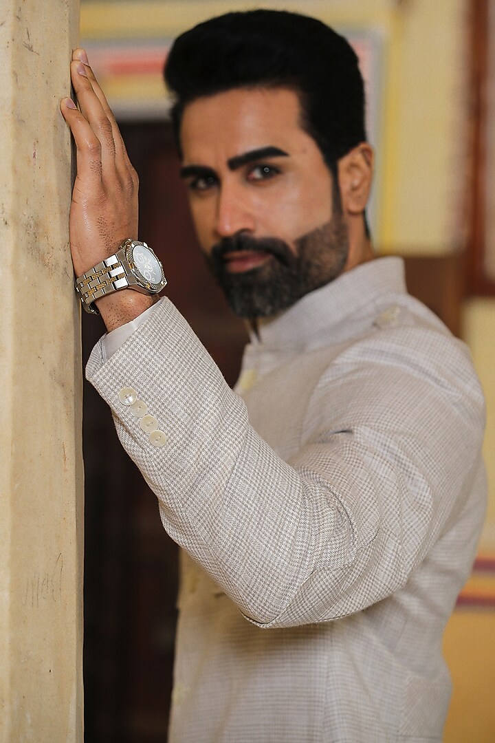 Beige Pure Linen Bandhgala by Raw & Rustic by Niti Bothra Men at Pernia's Pop Up Shop