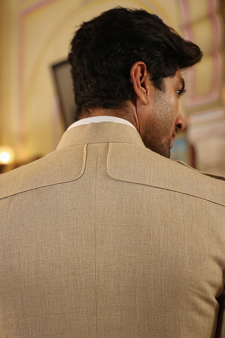 Beige Pure Linen Wedding Bandhgala Set by Raw & Rustic by Niti Bothra Men at Pernia's Pop Up Shop