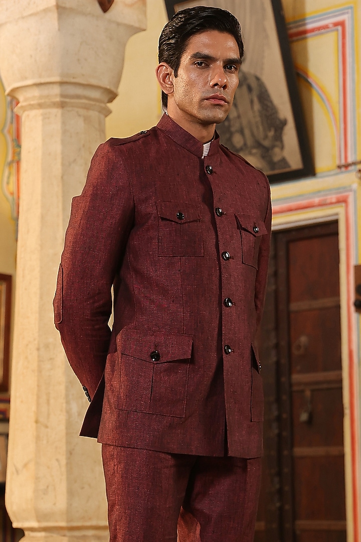 Wine Pure Linen Wedding Bandhgala Set by Raw & Rustic by Niti Bothra Men at Pernia's Pop Up Shop