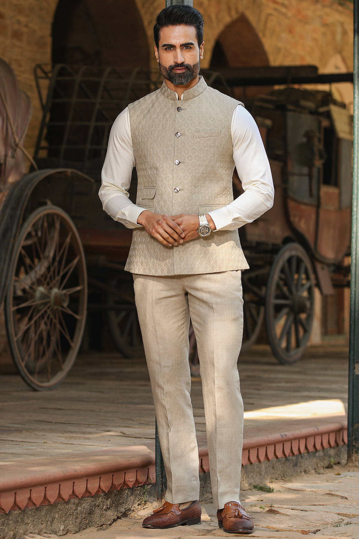 Khaki Pure Linen Bundi Jacket by Raw & Rustic by Niti Bothra Men at Pernia's Pop Up Shop