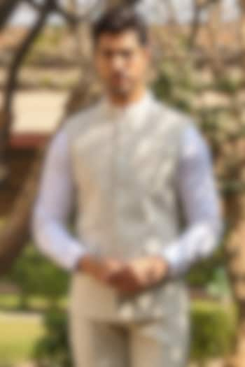 Beige Pure Linen Bundi Jacket by Raw & Rustic by Niti Bothra