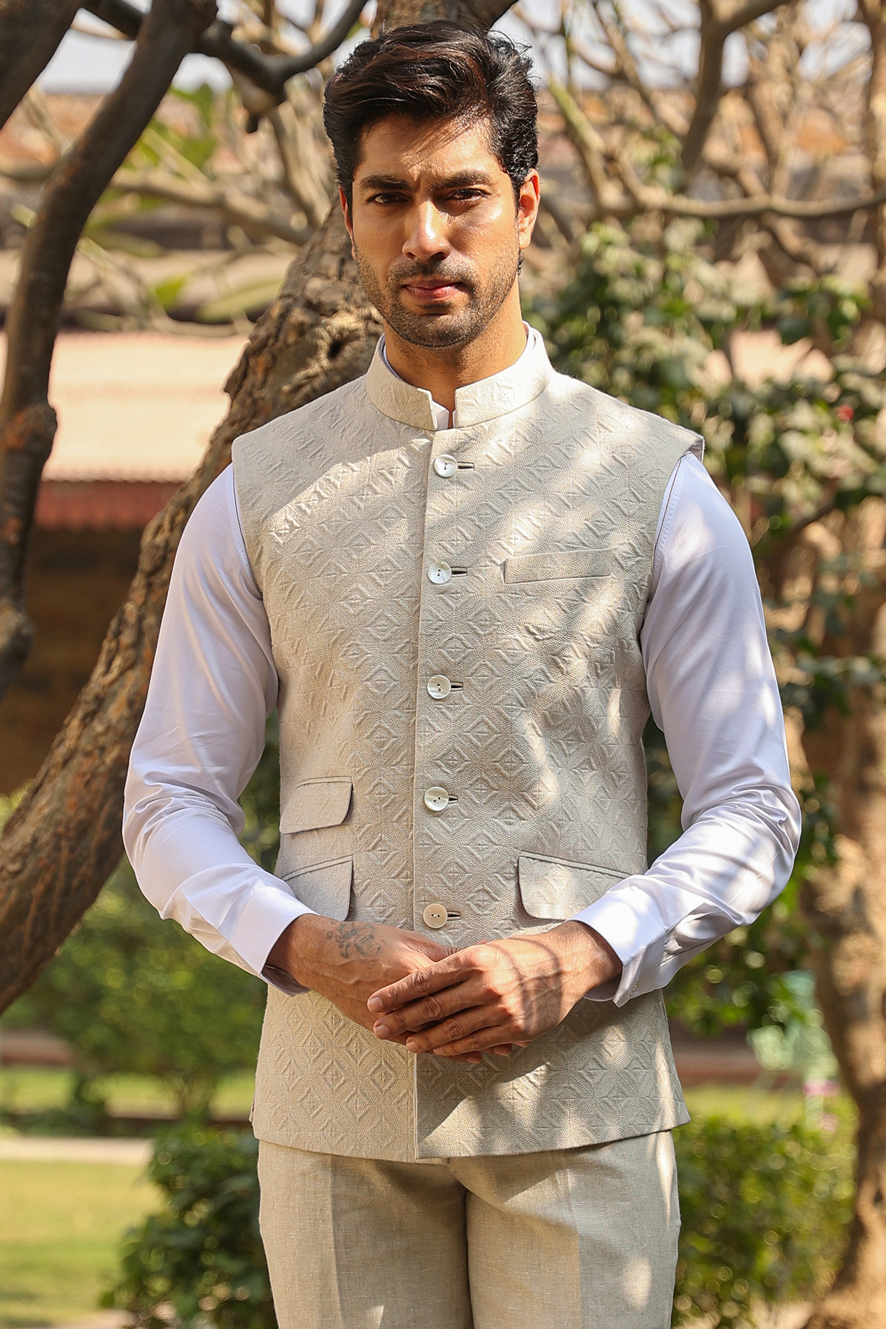 Beige Pure Linen Bundi Jacket by Raw & Rustic by Niti Bothra