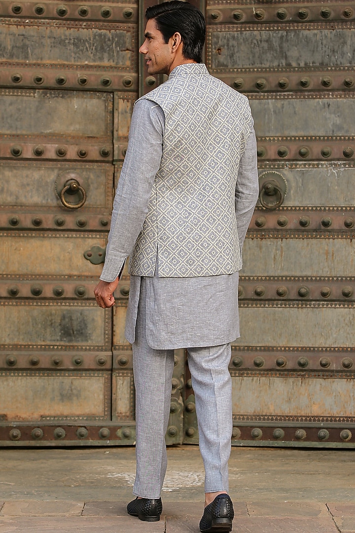 Grey & Cream Pure Linen Bundi Set by Raw & Rustic by Niti Bothra Men at Pernia's Pop Up Shop