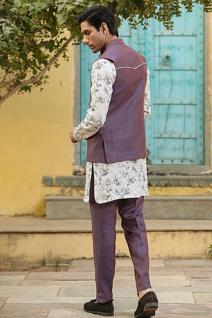 Lilac Pure Linen Bundi Jacket Set by Raw & Rustic by Niti Bothra Men at Pernia's Pop Up Shop