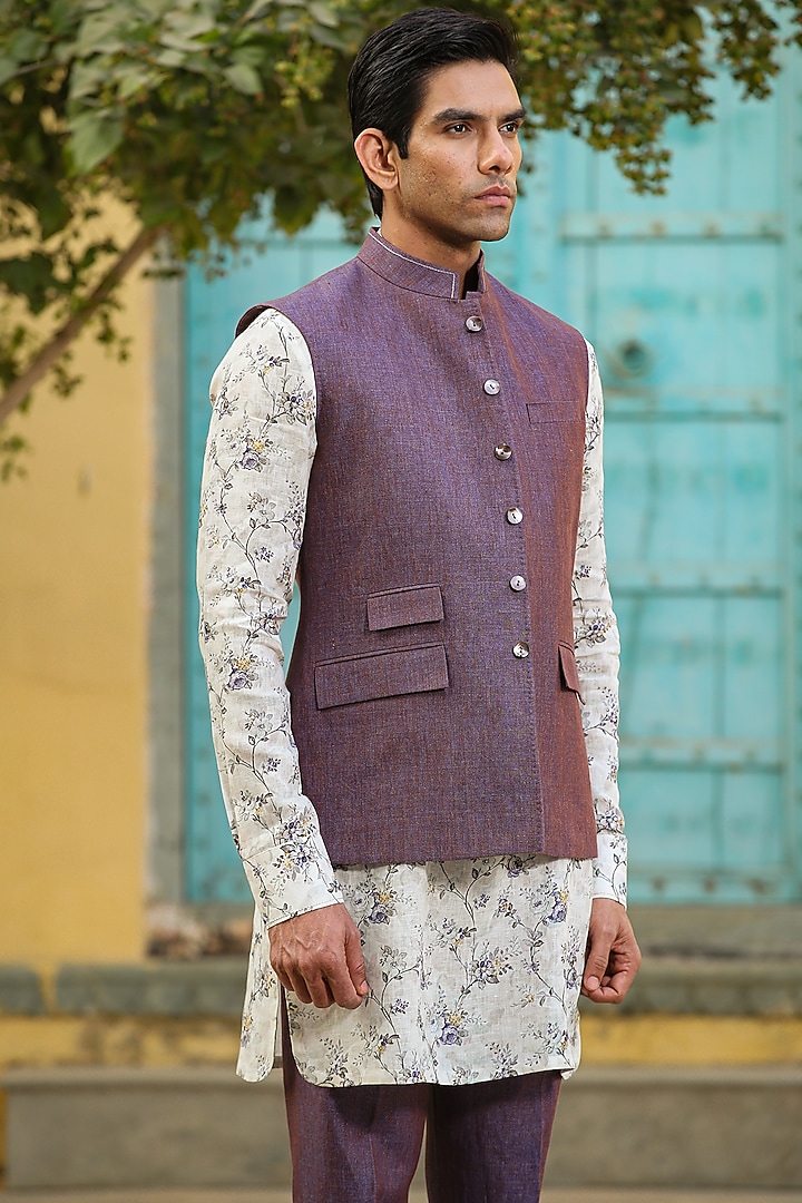 Lilac Pure Linen Bundi Jacket Set by Raw & Rustic by Niti Bothra Men at Pernia's Pop Up Shop