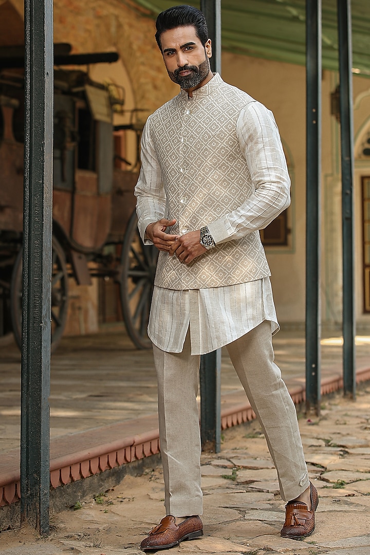 Beige Pure Linen Bundi Set by Raw & Rustic by Niti Bothra Men