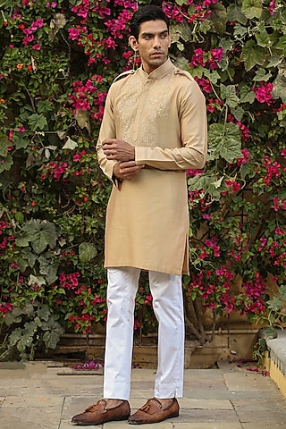 Beige Banarasi Chanderi Silk Embroidered Handwoven Kurta by Raw & Rustic by Niti Bothra Men