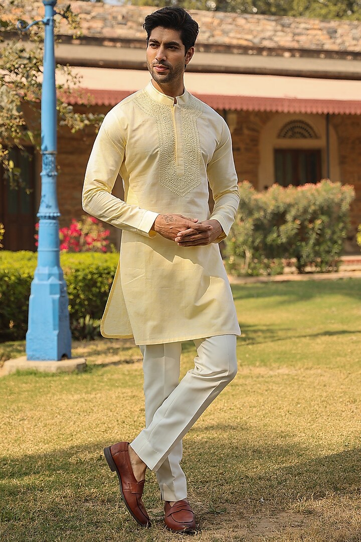 Yellow Chanderi Silk Thread Embroidered Kurta by Raw & Rustic by Niti Bothra at Pernia's Pop Up Shop