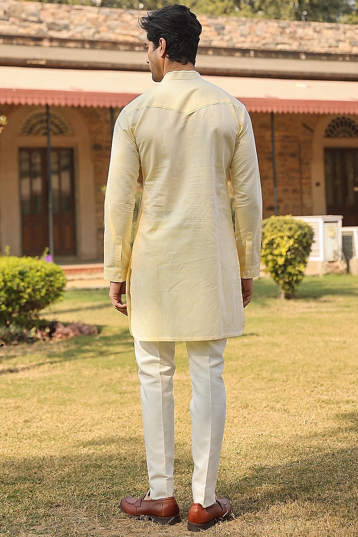 Yellow Chanderi Silk Thread Embroidered Kurta by Raw & Rustic by Niti Bothra Men at Pernia's Pop Up Shop