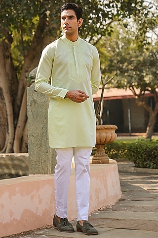 Light Green Chanderi Silk Thread Embroidered Kurta by Raw & Rustic by Niti Bothra Men