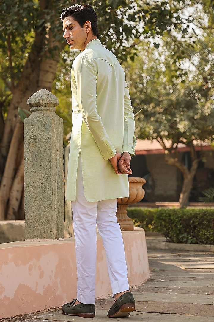 Light Green Chanderi Silk Thread Embroidered Kurta by Raw & Rustic by Niti Bothra Men at Pernia's Pop Up Shop