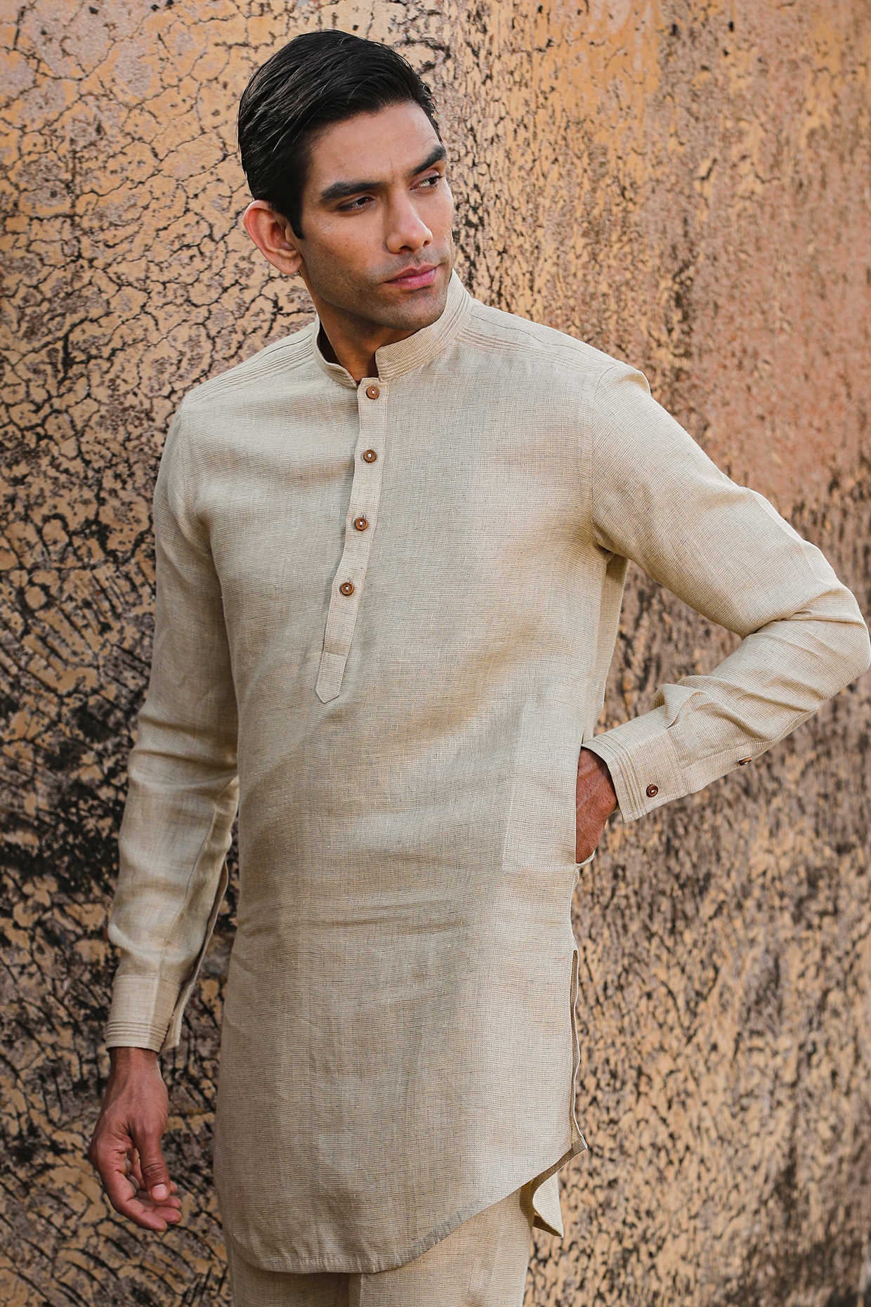 Beige Pure Linen Corded Short Kurta Design by Raw Rustic by Niti
