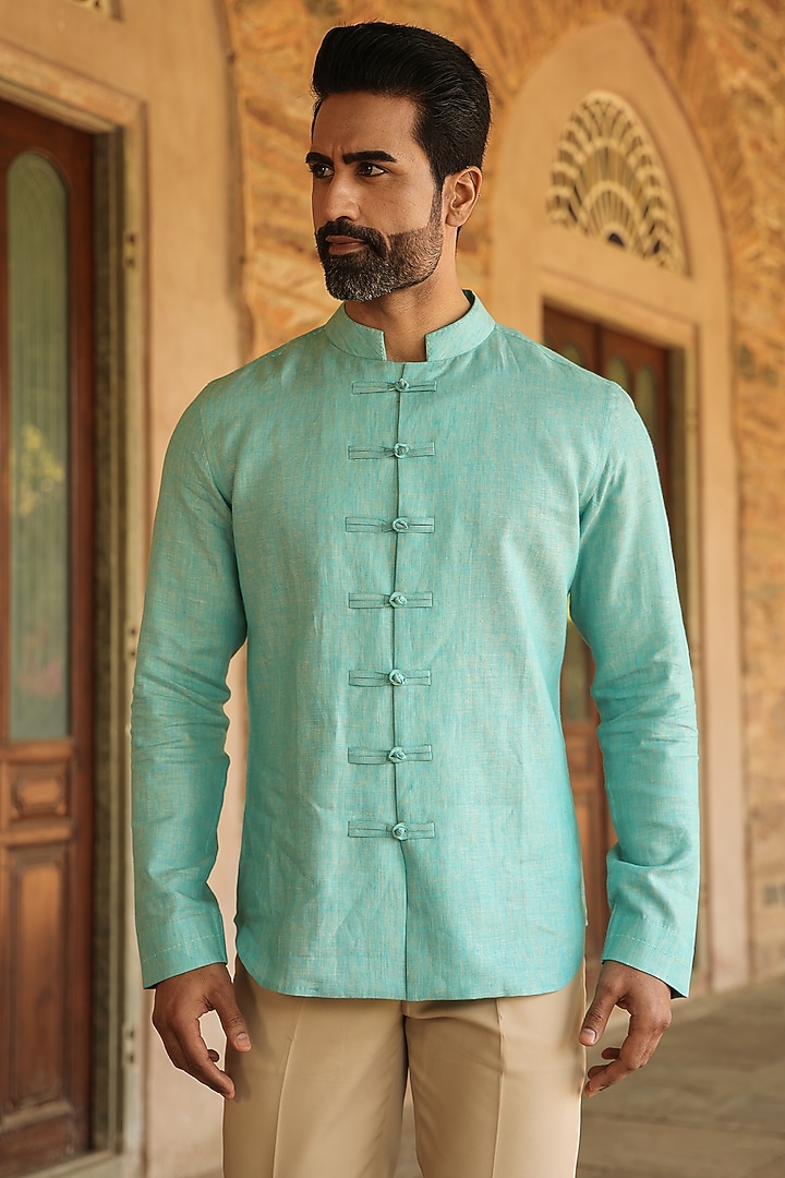 Green Pure Linen Party Wear Shirt by Raw & Rustic by Niti Bothra Men at Pernia's Pop Up Shop