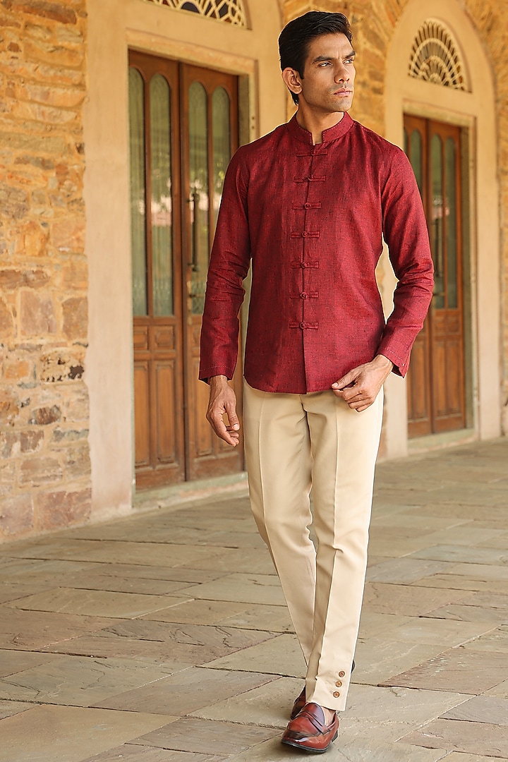 Red Pure Linen Shirt by Raw & Rustic by Niti Bothra