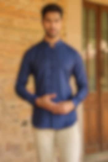 Blue Pure Linen Summer party Shirt by Raw & Rustic by Niti Bothra at Pernia's Pop Up Shop