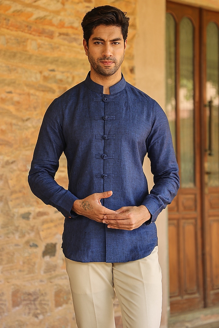 Blue Pure Linen Summer party Shirt by Raw & Rustic by Niti Bothra at Pernia's Pop Up Shop