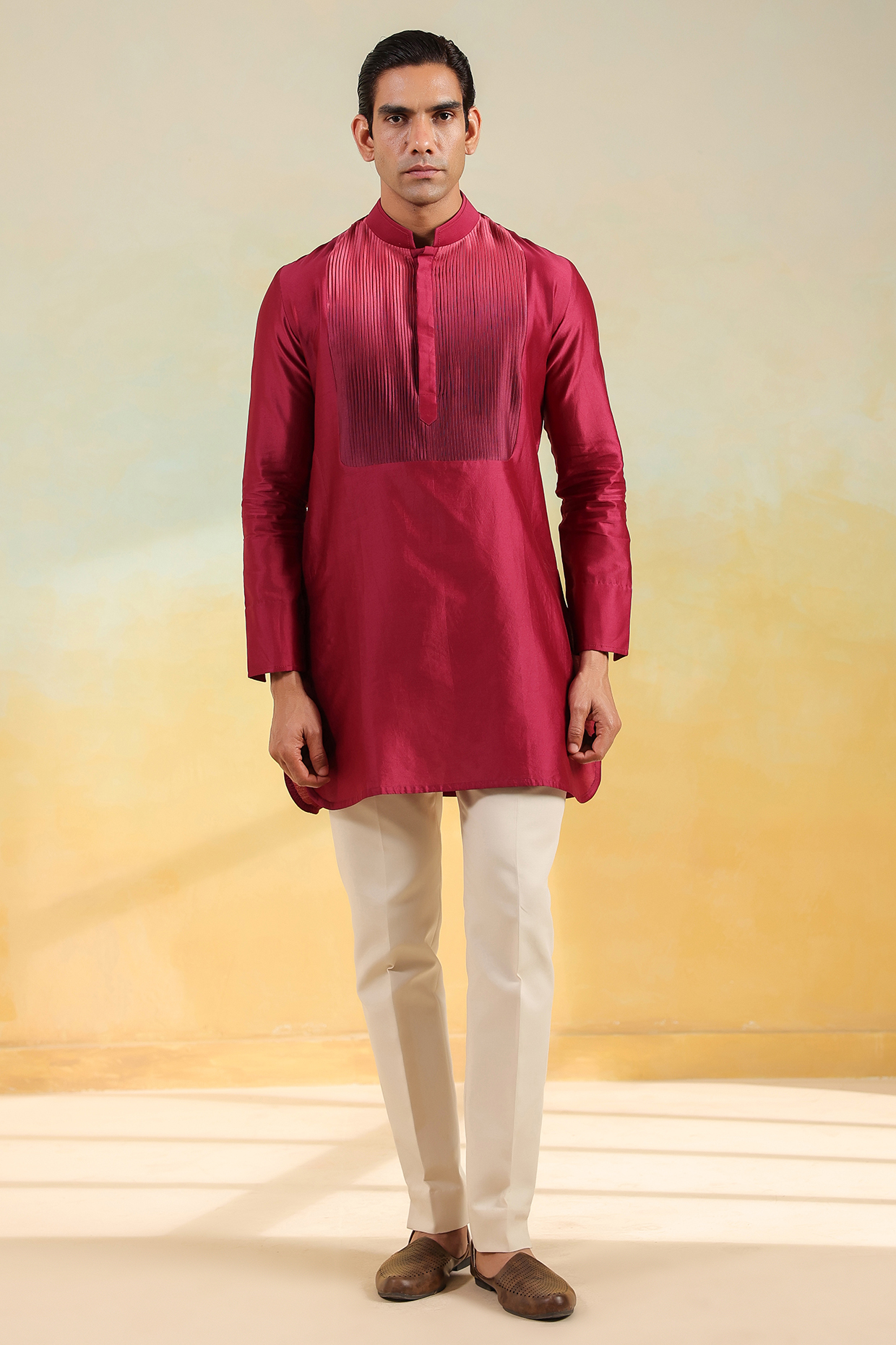 Wine Handwoven Banarasi Chanderi Silk Ombre Kurta by Raw & Rustic by Niti Bothra Men
