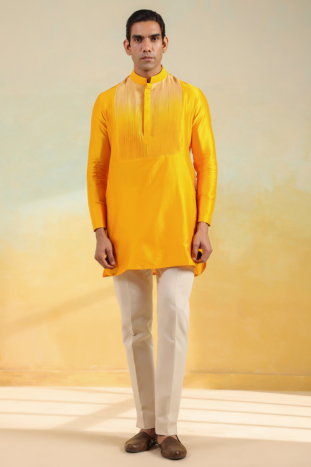 Yellow Handwoven Banarasi Chanderi Silk Ombre Kurta by Raw & Rustic by Niti Bothra Men