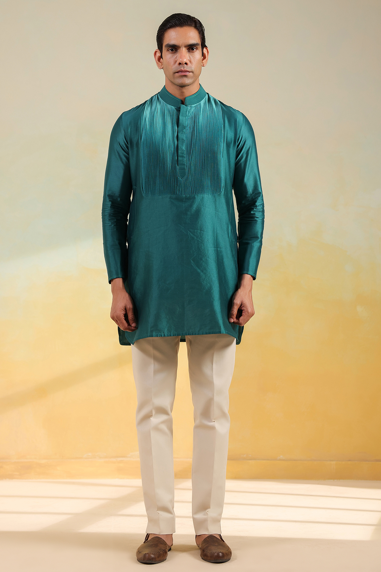 Teal Blue Handwoven Banarasi Chanderi Silk Ombre Kurta by Raw & Rustic by Niti Bothra Men