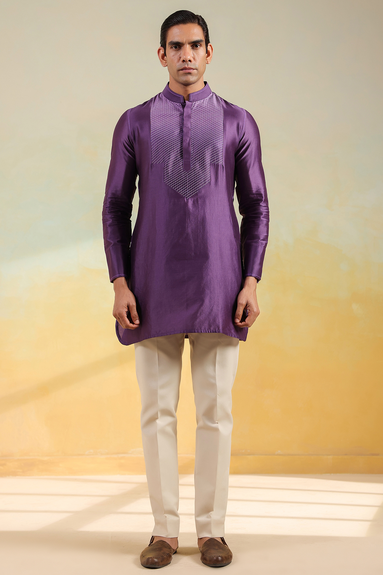 Purple Handwoven Banarasi Chanderi Silk Ombre Kurta by Raw & Rustic by Niti Bothra Men