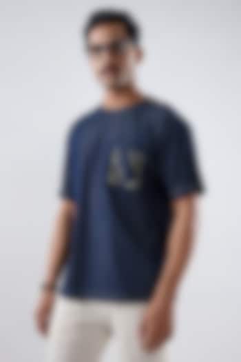 Dark Blue Tencel Denim Patchwork T-Shirt by Raw & Rustic by Niti Bothra Men at Pernia's Pop Up Shop