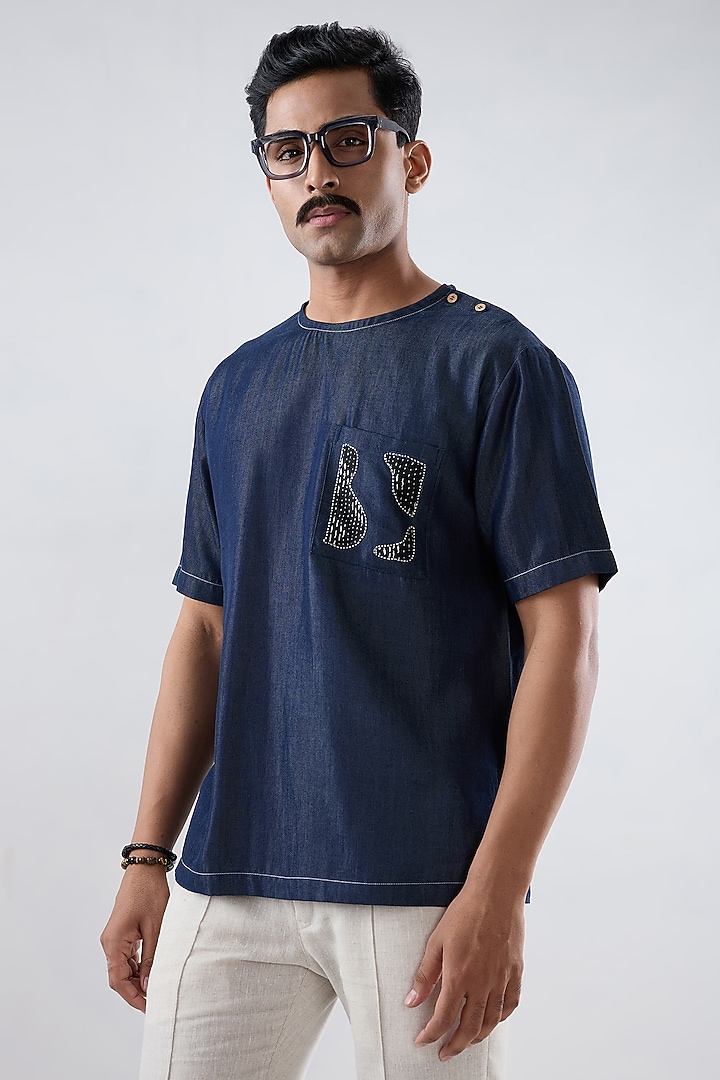 Dark Blue Tencel Denim Patchwork T-Shirt by Raw & Rustic by Niti Bothra Men at Pernia's Pop Up Shop