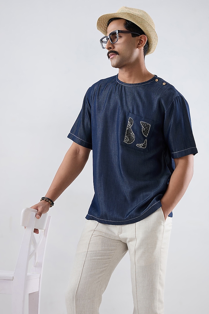 Dark Blue Tencel Denim Patchwork T-Shirt by Raw & Rustic by Niti Bothra Men at Pernia's Pop Up Shop