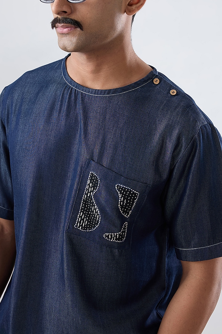 Dark Blue Tencel Denim Patchwork T-Shirt by Raw & Rustic by Niti Bothra Men at Pernia's Pop Up Shop