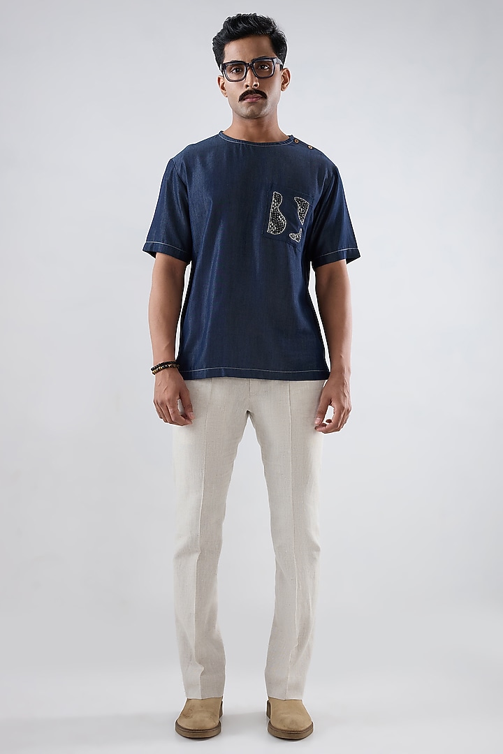 Dark Blue Tencel Denim Patchwork T-Shirt by Raw & Rustic by Niti Bothra Men at Pernia's Pop Up Shop