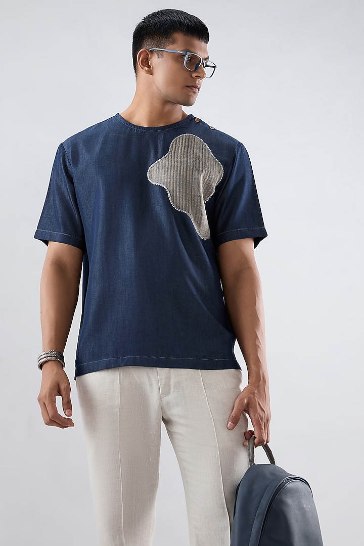 Dark Blue Tencel Denim Patchwork T-Shirt by Raw & Rustic by Niti Bothra Men at Pernia's Pop Up Shop