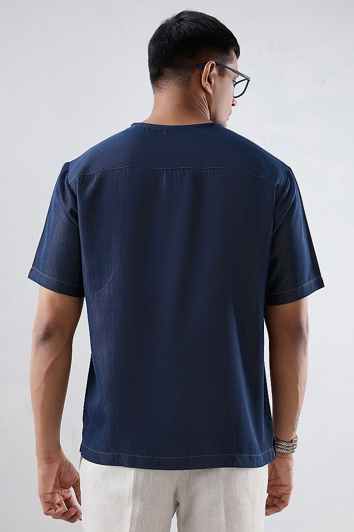 Dark Blue Tencel Denim Patchwork T-Shirt by Raw & Rustic by Niti Bothra Men at Pernia's Pop Up Shop